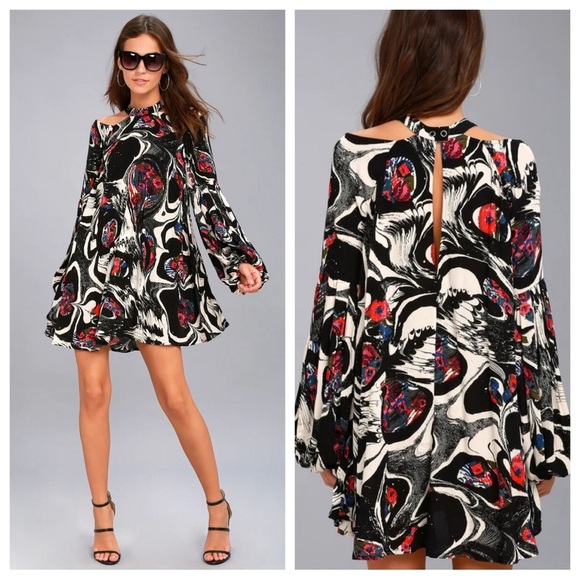 Free People Drift Away Boho High Collar Cold Shoulder Modern Swing Tunic Dress - Picture 3 of 13